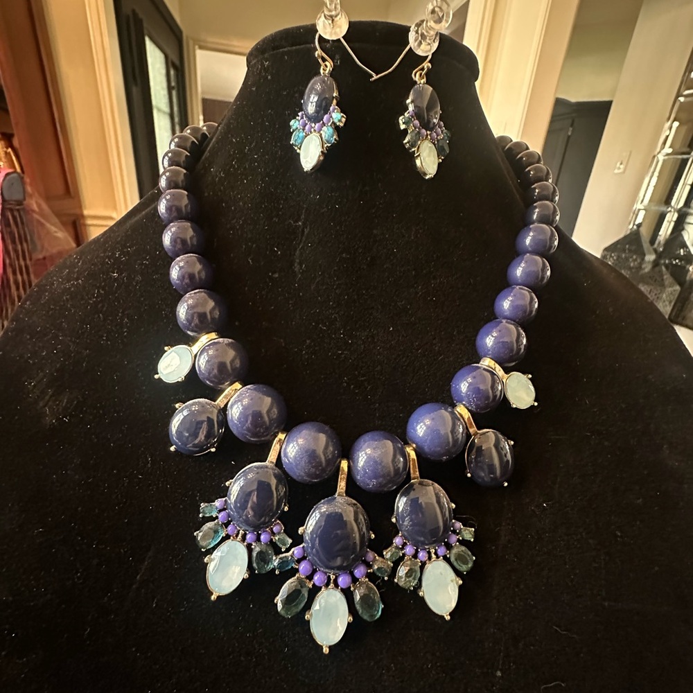 Banana Republic Statement Navy Bead Necklace Set with Aqua and Teal Drop Accents